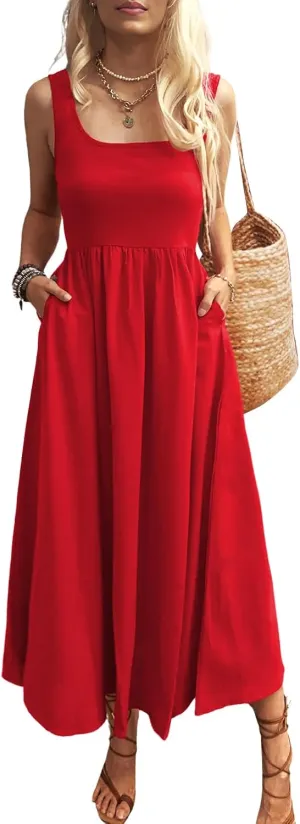 Women's Maxi Dress Summer Sleeveless Swing Sundress Casual Loose Tank Long Dresses with Pockets