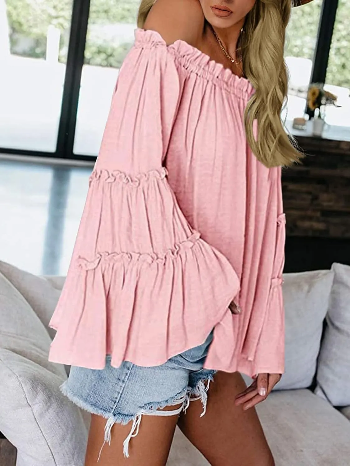 Womens Off The Shoulder Long Bell Sleeve Tops Flared Casual Loose Blouse