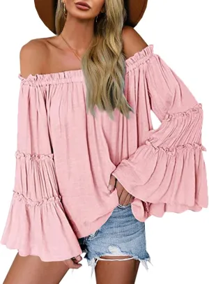 Womens Off The Shoulder Long Bell Sleeve Tops Flared Casual Loose Blouse