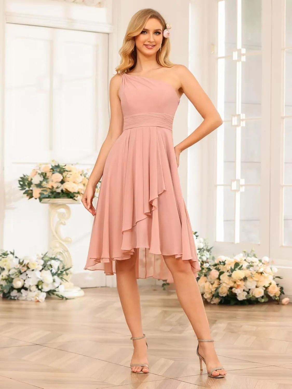 Women's One Shoulder Bridesmaid Dresses for Women Chiffon Formal Evening Dress with Pleates PU128