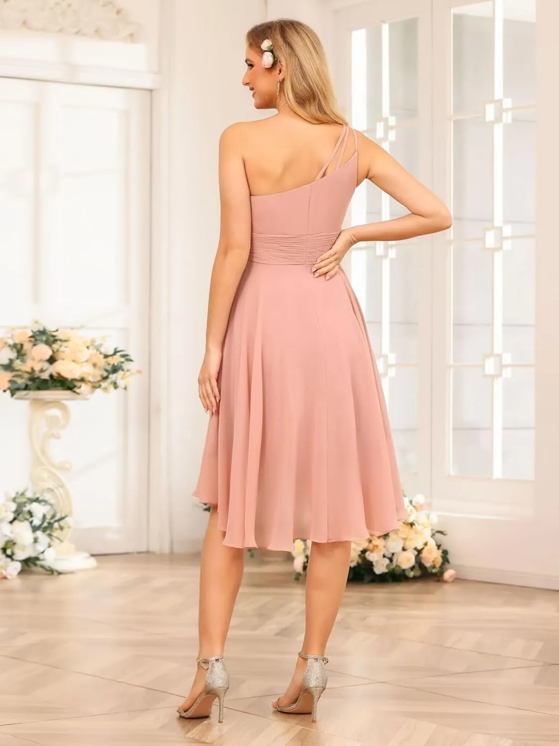 Women's One Shoulder Bridesmaid Dresses for Women Chiffon Formal Evening Dress with Pleates PU128