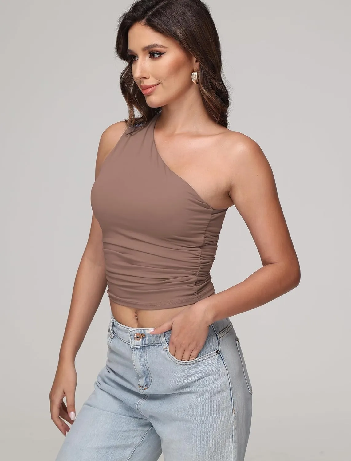 Womens One Shoulder Shirts Going Out Crop Tops Basic Sexy Slim Fit Y2K Tank Top Summer Fashion 2025