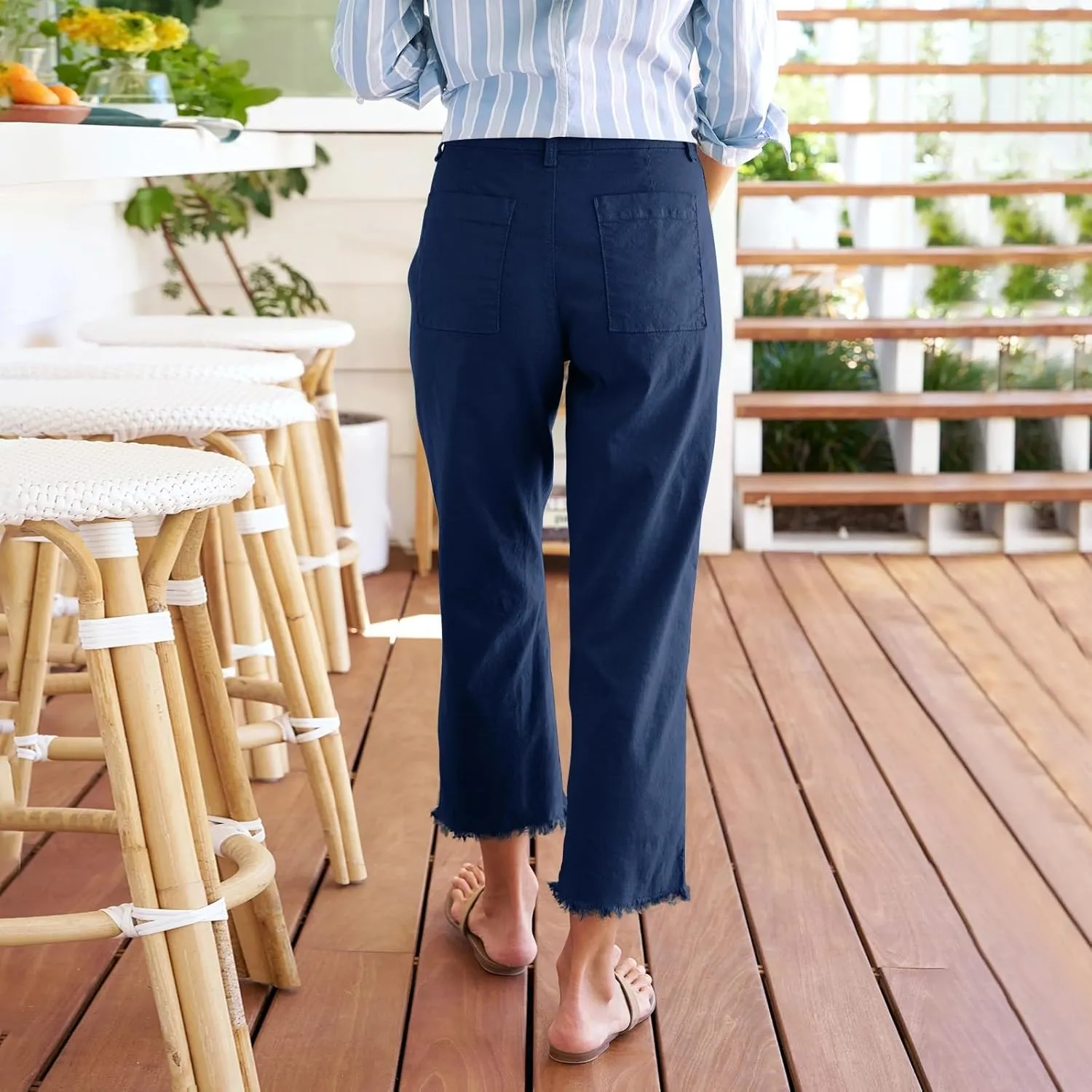 Womens Pants, Casual Pants Linen Peasant Straight Leg Stripe Cotton Trendy Print