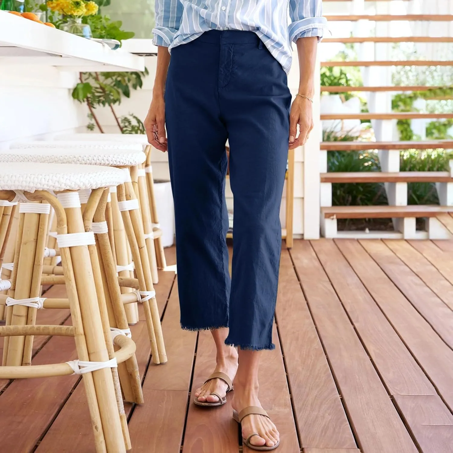 Womens Pants, Casual Pants Linen Peasant Straight Leg Stripe Cotton Trendy Print