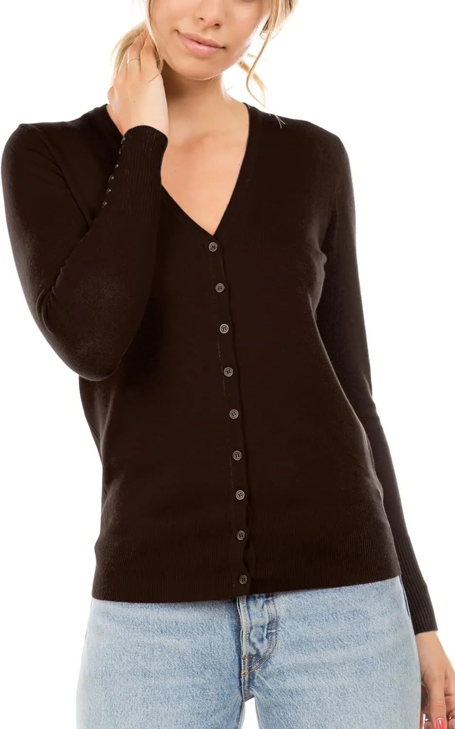 Women's Regular Solid Long Sleeve Cardigan with Decorative Buttons