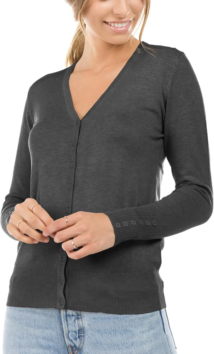 Women's Regular Solid Long Sleeve Cardigan with Decorative Buttons