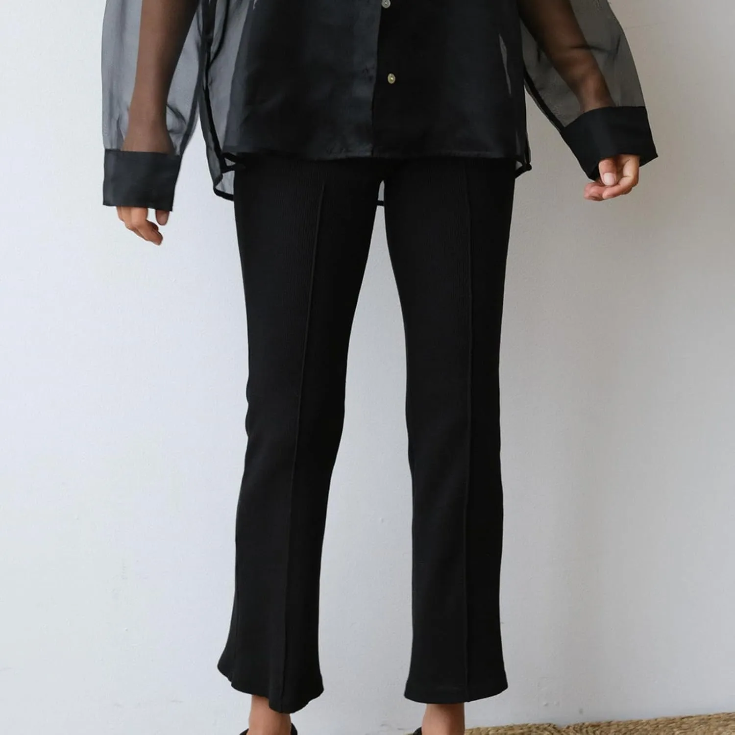 Women's Rib Flare Pants Elastic High Waist Seamed Creases Bell Bottom Trousers Workout Sweatpants