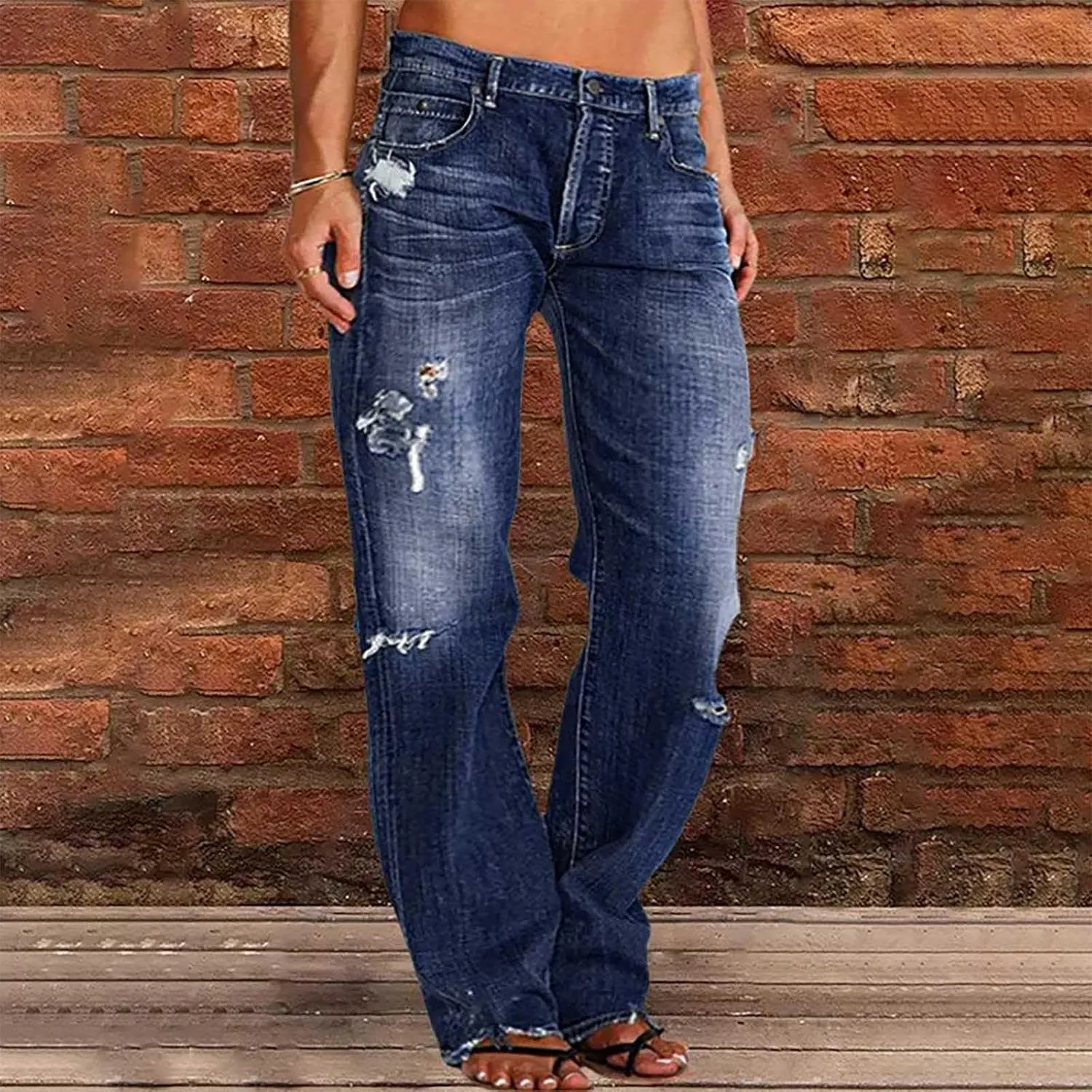 Women's Ripped High Waist Boyfriend Jeans Stretch Baggy Denim Pants Distressed Casual Straight Leg Loose Fit Jeans