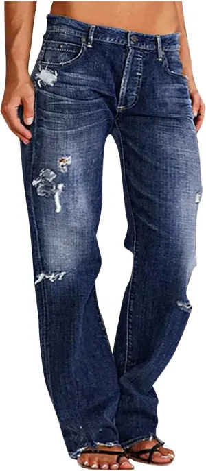Women's Ripped High Waist Boyfriend Jeans Stretch Baggy Denim Pants Distressed Casual Straight Leg Loose Fit Jeans