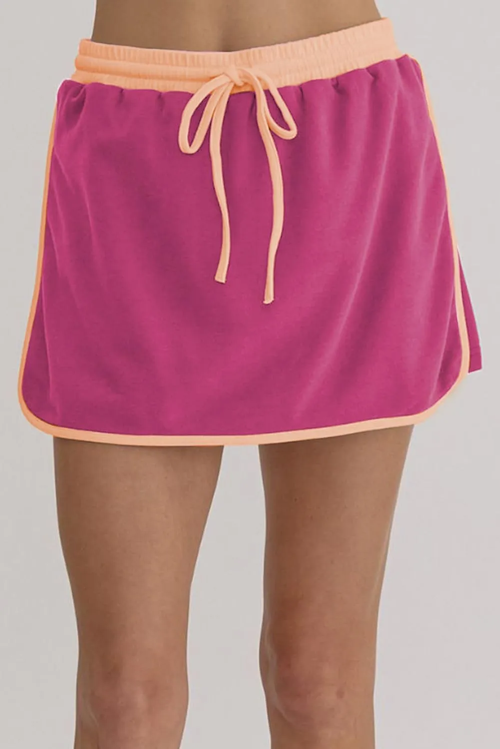 Women's Rose Red Color Contrast Loose Pullover & Lace-Up Waist Skort Set