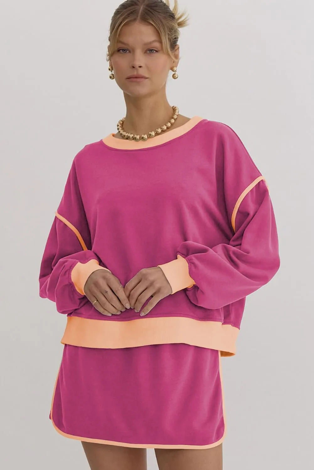 Women's Rose Red Color Contrast Loose Pullover & Lace-Up Waist Skort Set