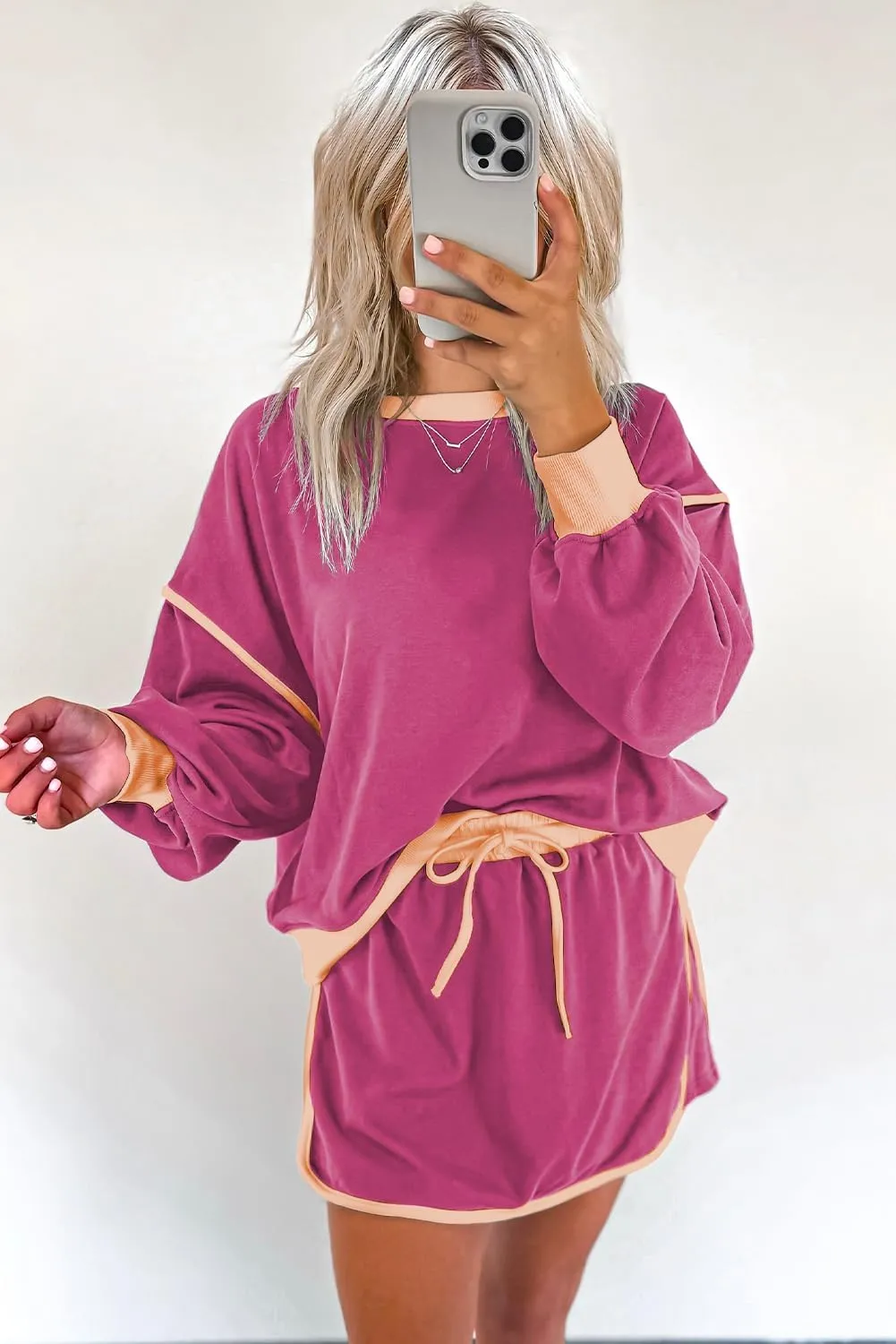 Women's Rose Red Color Contrast Loose Pullover & Lace-Up Waist Skort Set