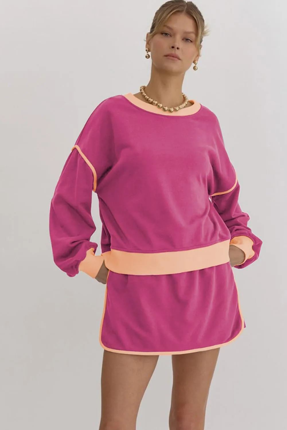 Women's Rose Red Color Contrast Loose Pullover & Lace-Up Waist Skort Set