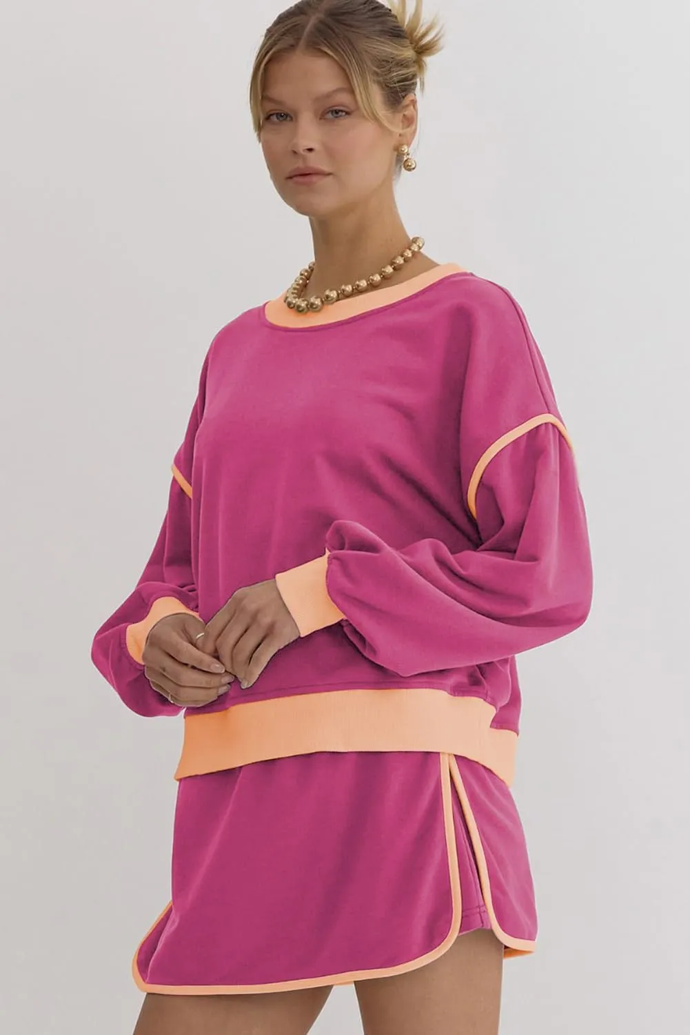 Women's Rose Red Color Contrast Loose Pullover & Lace-Up Waist Skort Set
