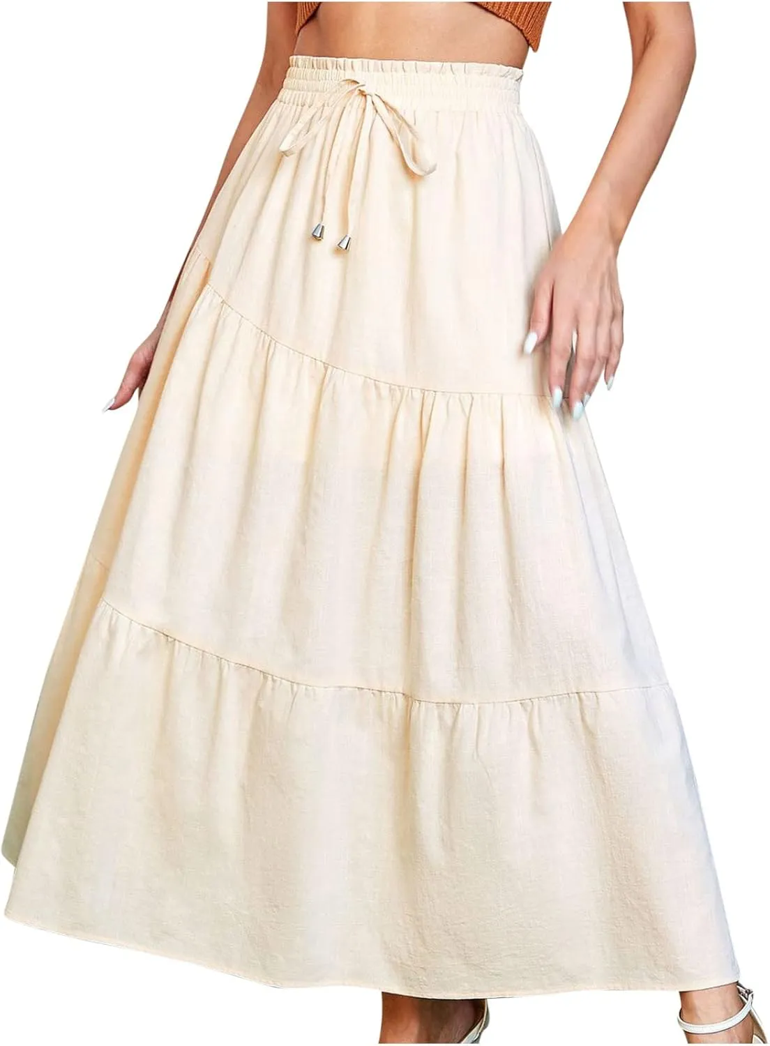 Women's Solid Color Maxi Skirt Summer Casual Cotton Linen Front Slit Long Skirt Button Up Beach Skirts