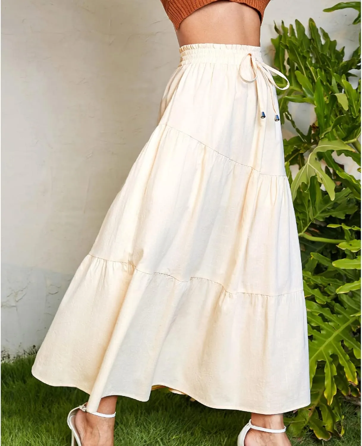Women's Solid Color Maxi Skirt Summer Casual Cotton Linen Front Slit Long Skirt Button Up Beach Skirts