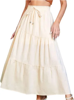 Women's Solid Color Maxi Skirt Summer Casual Cotton Linen Front Slit Long Skirt Button Up Beach Skirts