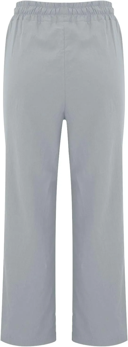 Women's Solid Cotton Linen Straight Pants Drawstring Loose Fit Summer Pants Wide Leg Trousers with Side Pockets for Causal