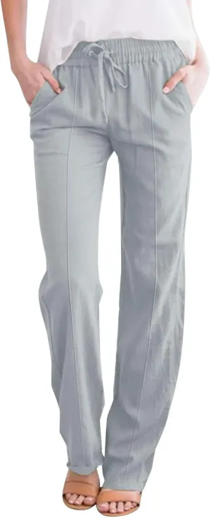 Women's Solid Cotton Linen Straight Pants Drawstring Loose Fit Summer Pants Wide Leg Trousers with Side Pockets for Causal