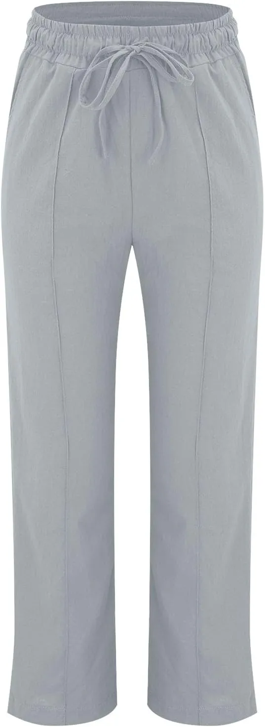 Women's Solid Cotton Linen Straight Pants Drawstring Loose Fit Summer Pants Wide Leg Trousers with Side Pockets for Causal