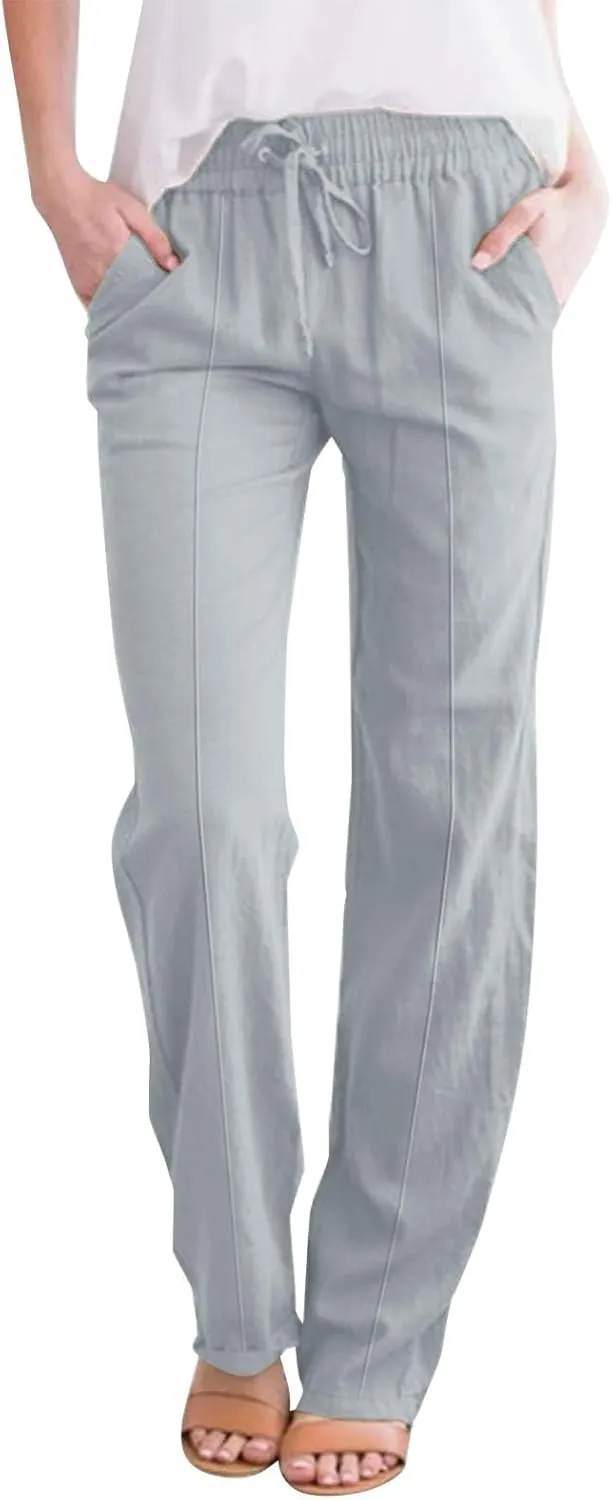 Women's Solid Cotton Linen Straight Pants Drawstring Loose Fit Summer Pants Wide Leg Trousers with Side Pockets for Causal