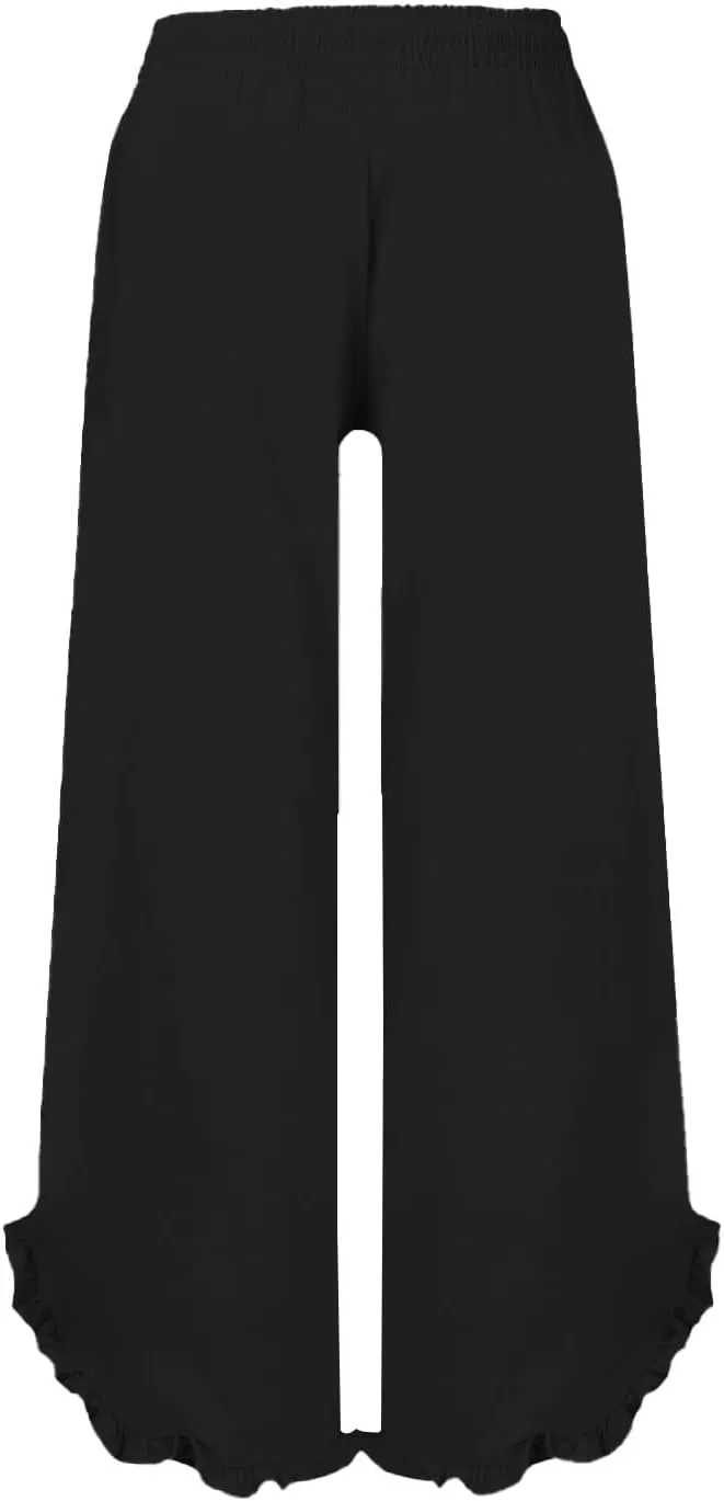 Womens Summer Cotton Linen Lightweight Pants Solid Color Wide Leg Palazzo Trousers Drawstring Waist Pant with Pockets