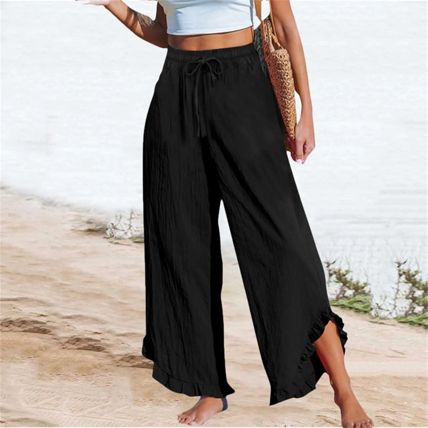 Womens Summer Cotton Linen Lightweight Pants Solid Color Wide Leg Palazzo Trousers Drawstring Waist Pant with Pockets