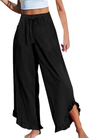 Womens Summer Cotton Linen Lightweight Pants Solid Color Wide Leg Palazzo Trousers Drawstring Waist Pant with Pockets