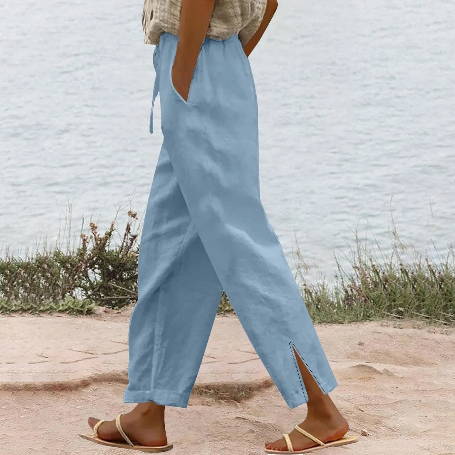 Women's Summer Long Solid Color Cotton Linen Straight Leg Loose Casual Pants Pants with Pockets Summer