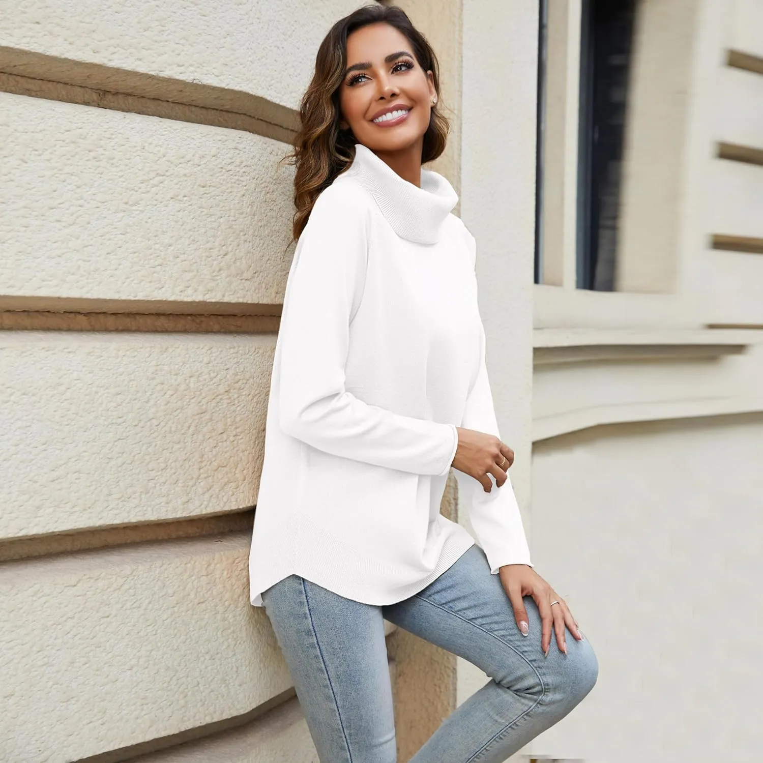Women's Turtleneck Knit Pullover Long Sleeve Casual Oversized Curved Hemline Sweater Tops