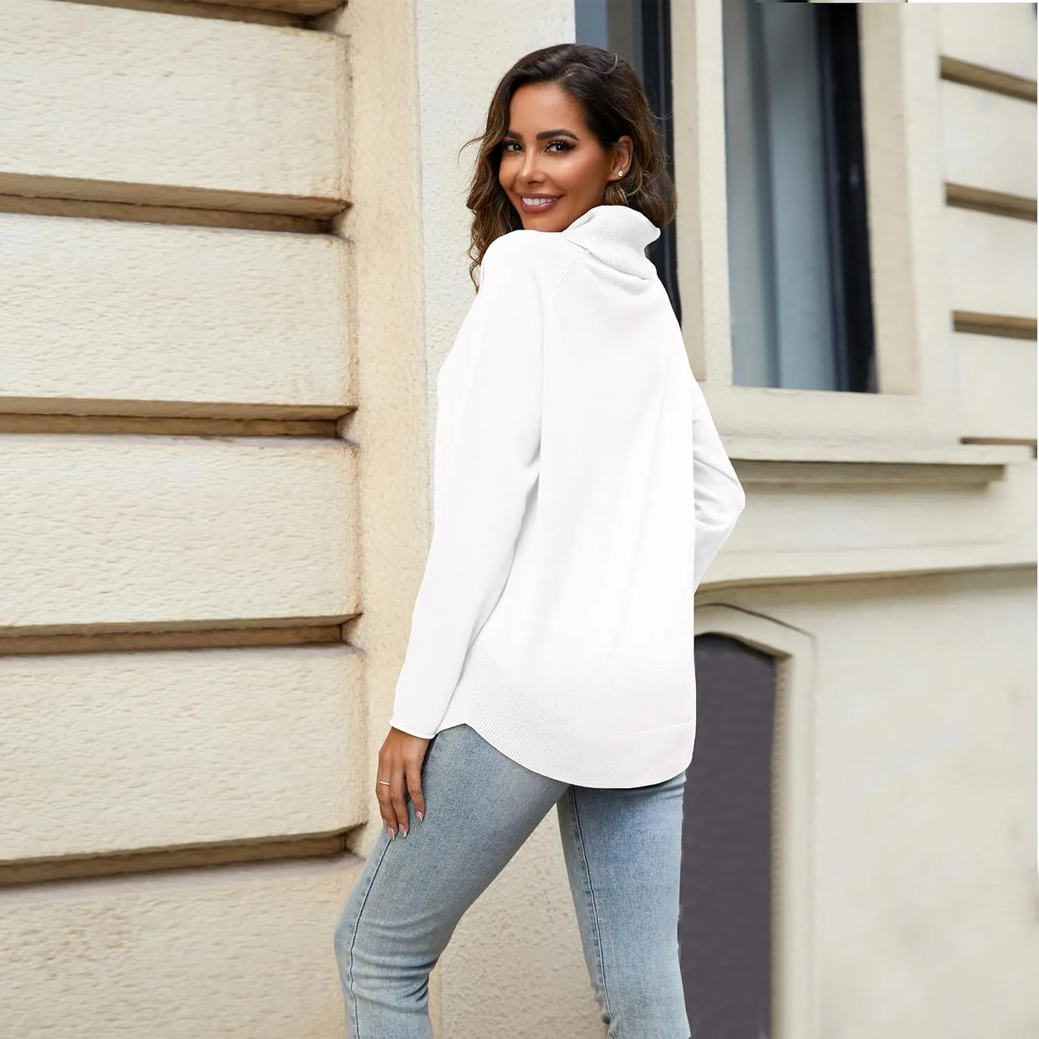 Women's Turtleneck Knit Pullover Long Sleeve Casual Oversized Curved Hemline Sweater Tops