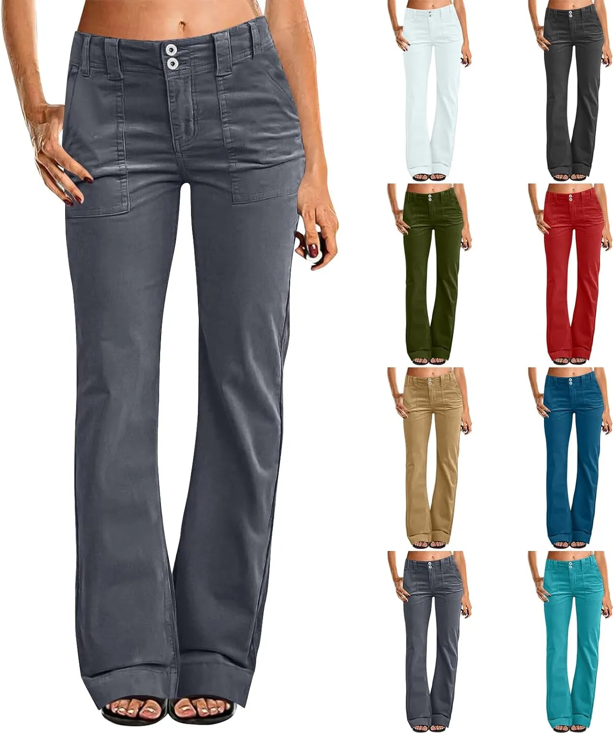 Womens Twill Wide Leg Pants Stretch Casual High Waisted Bootcut Chino Pants Baggy Flare Dress Pants with Pockets