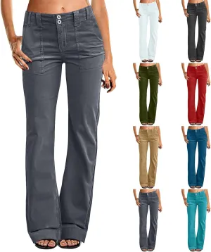 Womens Twill Wide Leg Pants Stretch Casual High Waisted Bootcut Chino Pants Baggy Flare Dress Pants with Pockets