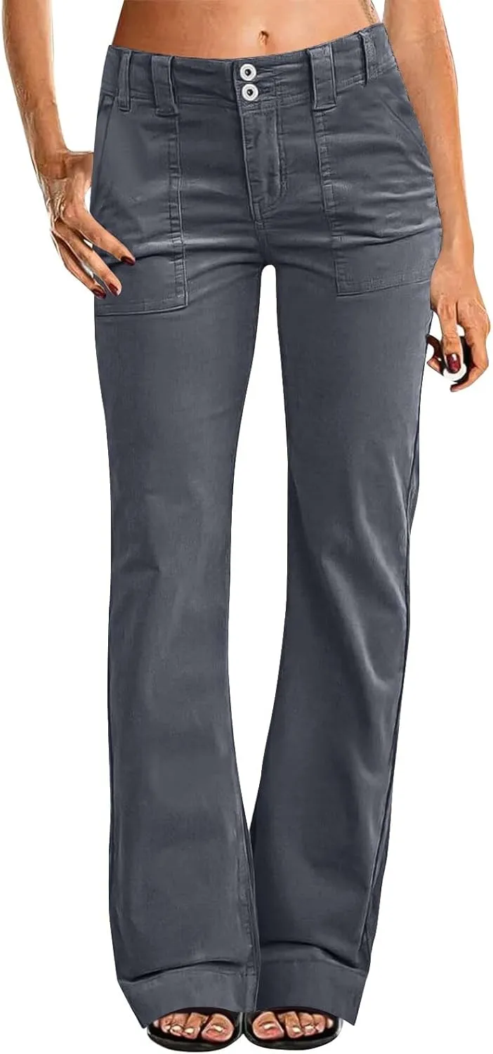 Womens Twill Wide Leg Pants Stretch Casual High Waisted Bootcut Chino Pants Baggy Flare Dress Pants with Pockets