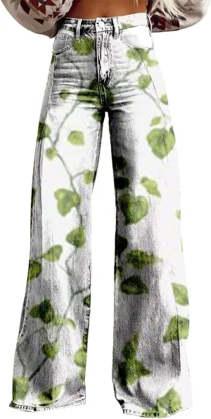 Womens Vintage Floral Print Y2K Pants Casual High Waisted Button Wide Leg Pants Retro Graphic Printed Plus Size Pants