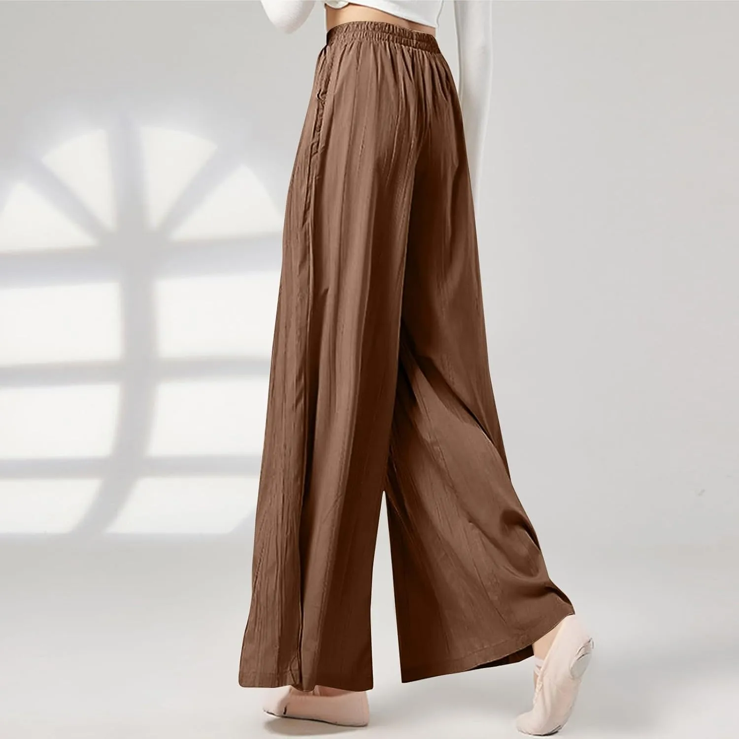 Women's Wide Leg Linen Pants Summer Casual Palazzo Baggy High Waisted Lounge Trouser with Pocket Elastic Beach Pant