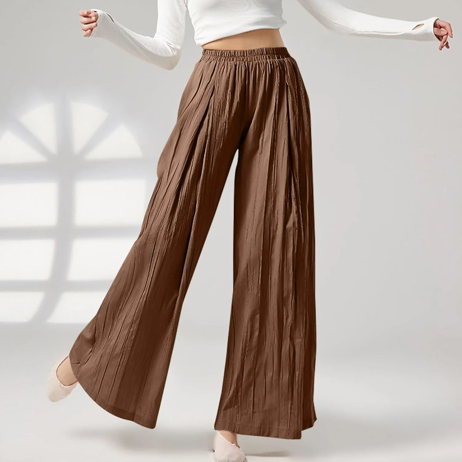 Women's Wide Leg Linen Pants Summer Casual Palazzo Baggy High Waisted Lounge Trouser with Pocket Elastic Beach Pant