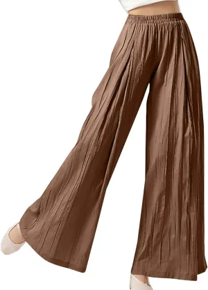 Women's Wide Leg Linen Pants Summer Casual Palazzo Baggy High Waisted Lounge Trouser with Pocket Elastic Beach Pant