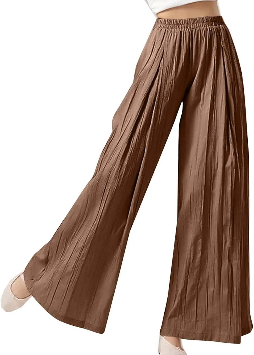 Women's Wide Leg Linen Pants Summer Casual Palazzo Baggy High Waisted Lounge Trouser with Pocket Elastic Beach Pant