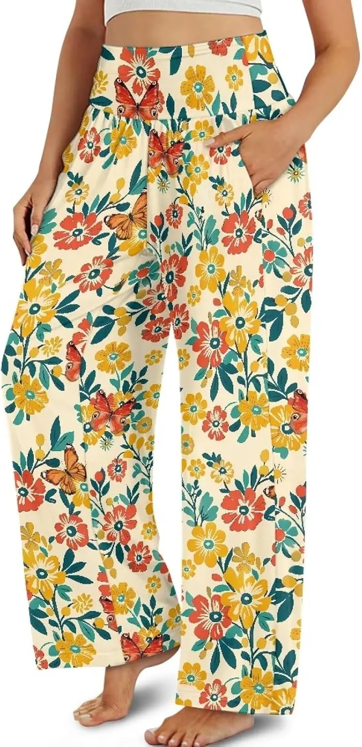 Women's Wide Leg Pants High Waisted Lounge Palazzo Pants Casual Loose Beach Pant Travel Trousers with Pockets