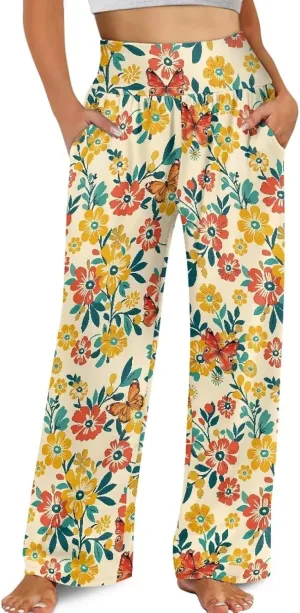 Women's Wide Leg Pants High Waisted Lounge Palazzo Pants Casual Loose Beach Pant Travel Trousers with Pockets