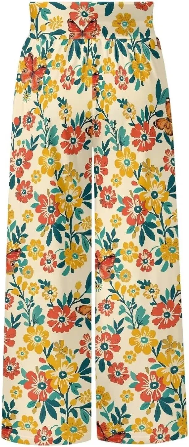 Women's Wide Leg Pants High Waisted Lounge Palazzo Pants Casual Loose Beach Pant Travel Trousers with Pockets