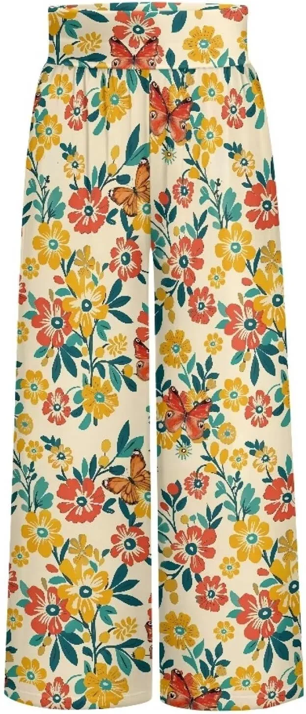 Women's Wide Leg Pants High Waisted Lounge Palazzo Pants Casual Loose Beach Pant Travel Trousers with Pockets