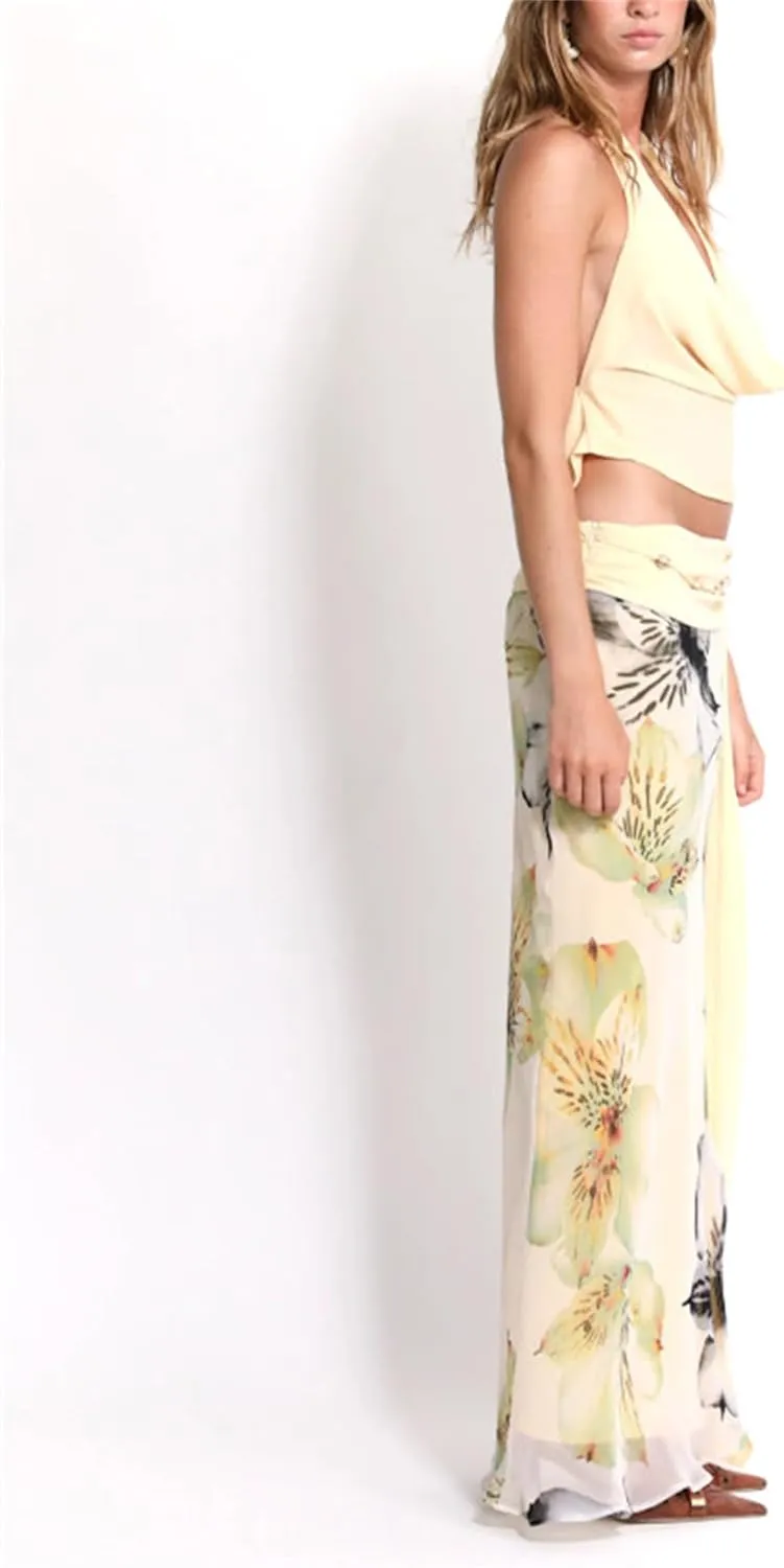 Women's Y2k 2 Piece Outfits Shirred Halter Neck Tie-Up Tank Tops and Ruched Ruffle Maxi Skirt Sets Beachwear