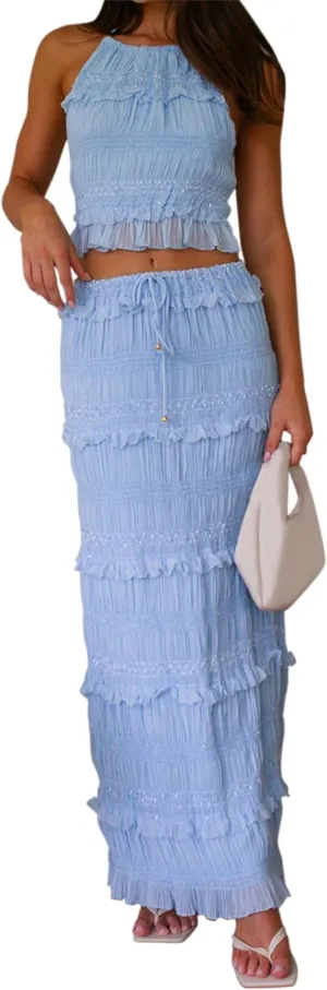 Women's Y2k 2 Piece Outfits Shirred Halter Neck Tie-Up Tank Tops and Ruched Ruffle Maxi Skirt Sets Beachwear