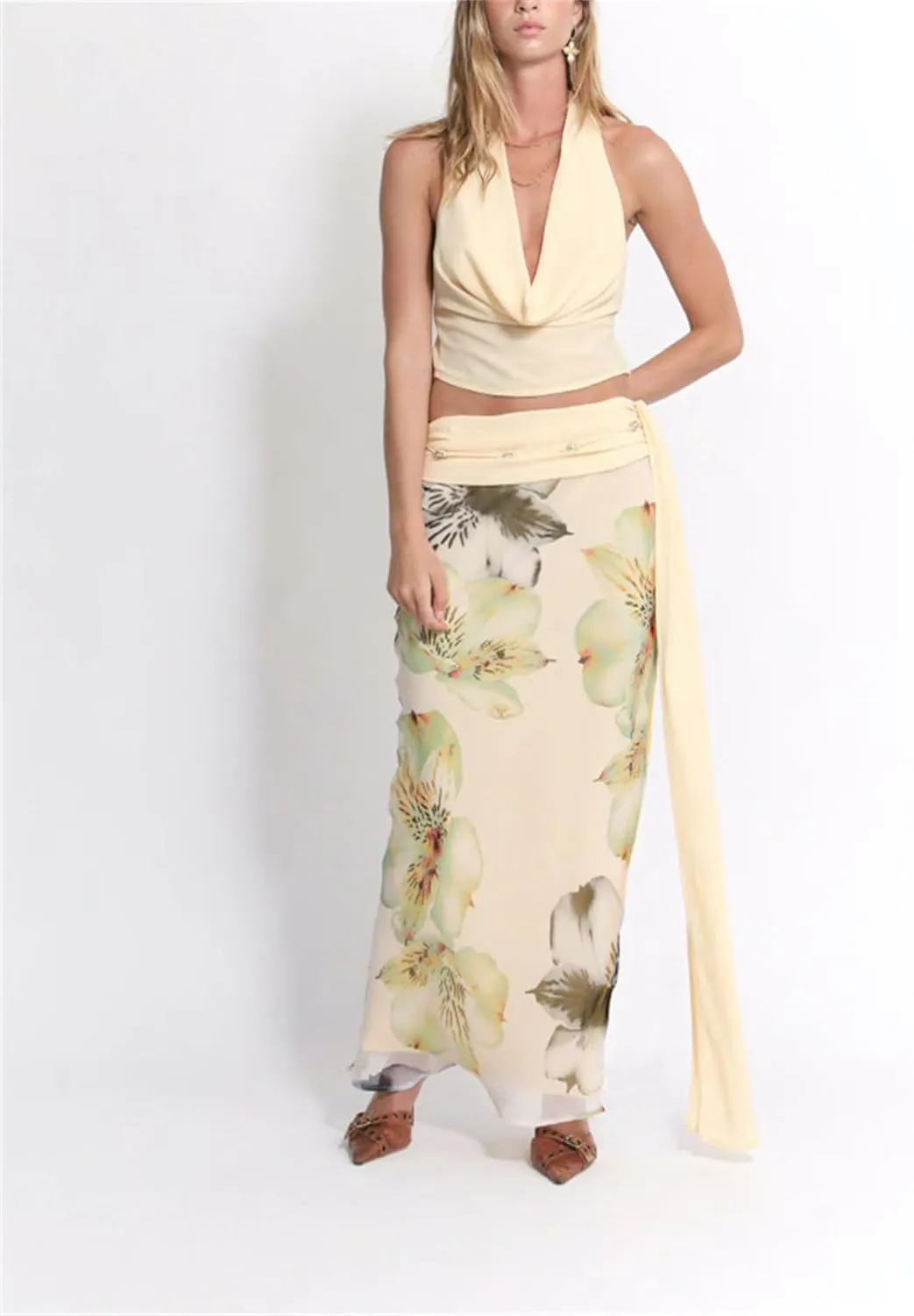 Women's Y2k 2 Piece Outfits Shirred Halter Neck Tie-Up Tank Tops and Ruched Ruffle Maxi Skirt Sets Beachwear