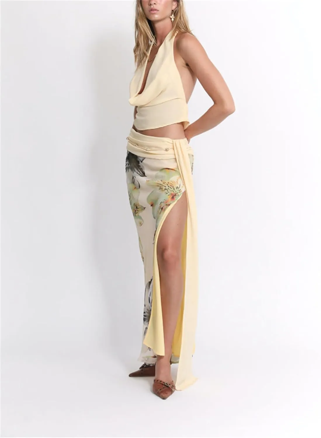 Women's Y2k 2 Piece Outfits Shirred Halter Neck Tie-Up Tank Tops and Ruched Ruffle Maxi Skirt Sets Beachwear