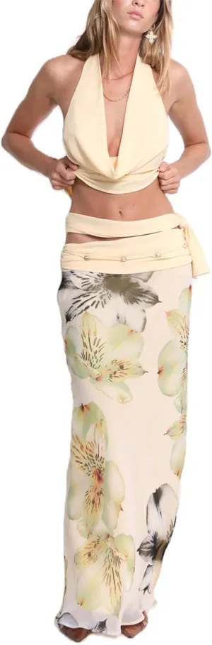 Women's Y2k 2 Piece Outfits Shirred Halter Neck Tie-Up Tank Tops and Ruched Ruffle Maxi Skirt Sets Beachwear