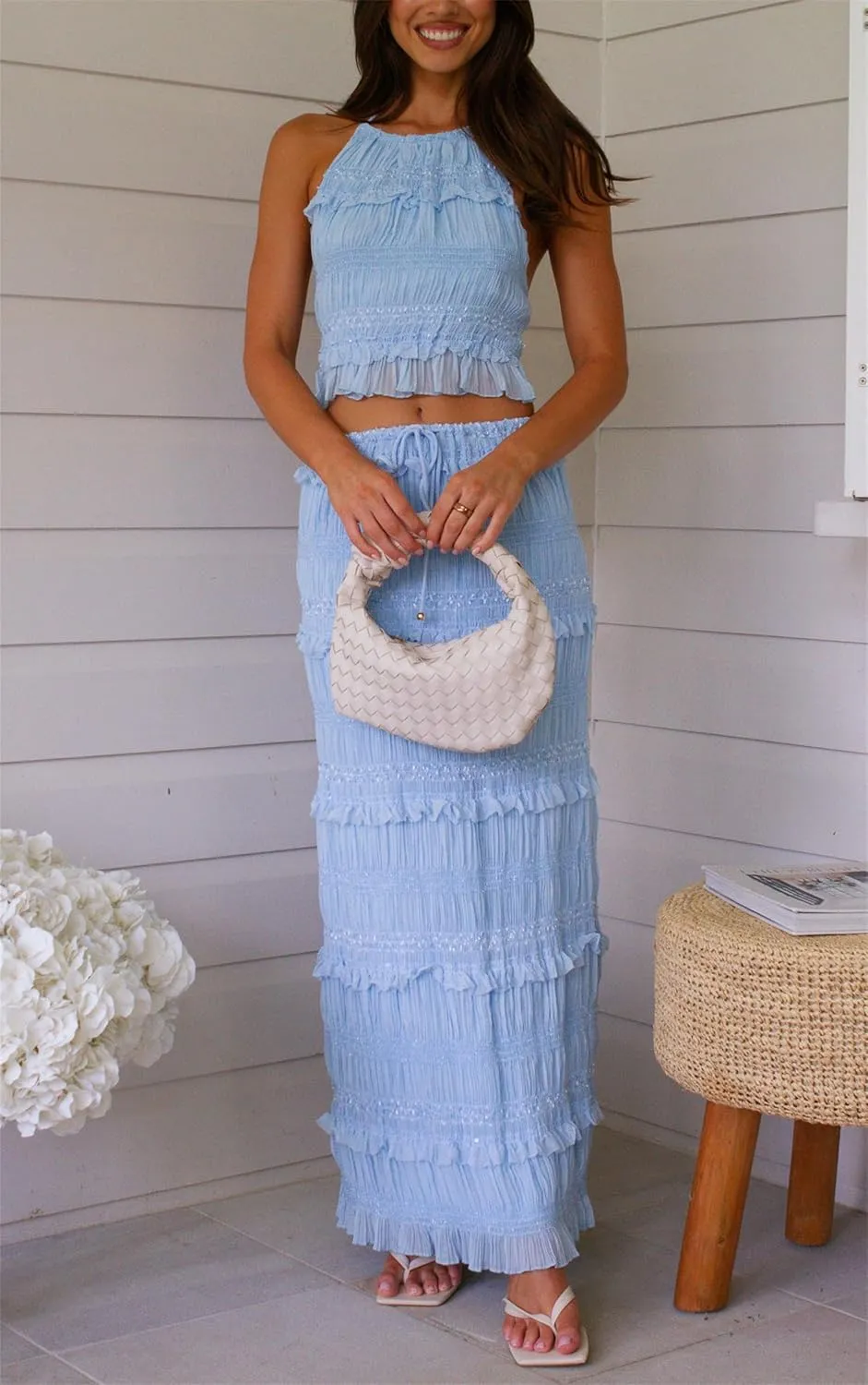 Women's Y2k 2 Piece Outfits Shirred Halter Neck Tie-Up Tank Tops and Ruched Ruffle Maxi Skirt Sets Beachwear