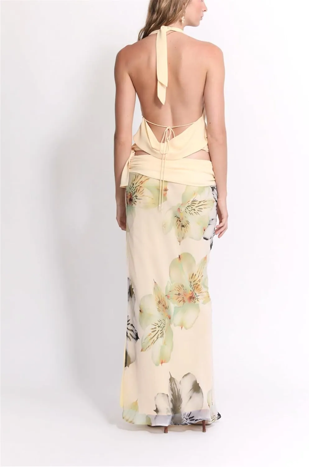 Women's Y2k 2 Piece Outfits Shirred Halter Neck Tie-Up Tank Tops and Ruched Ruffle Maxi Skirt Sets Beachwear